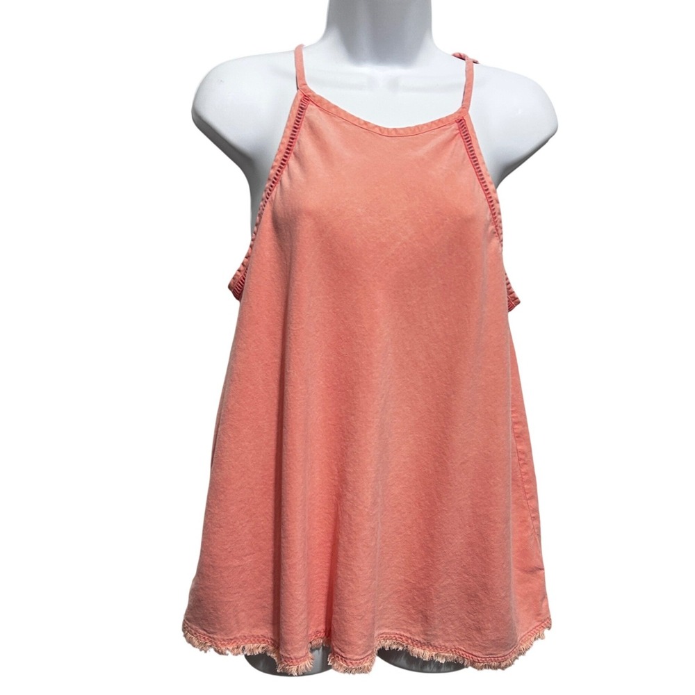 Cloth Stone Women Boho Tank Top L Coral Lyocell Frayed Hem Festival Flowy Beachy